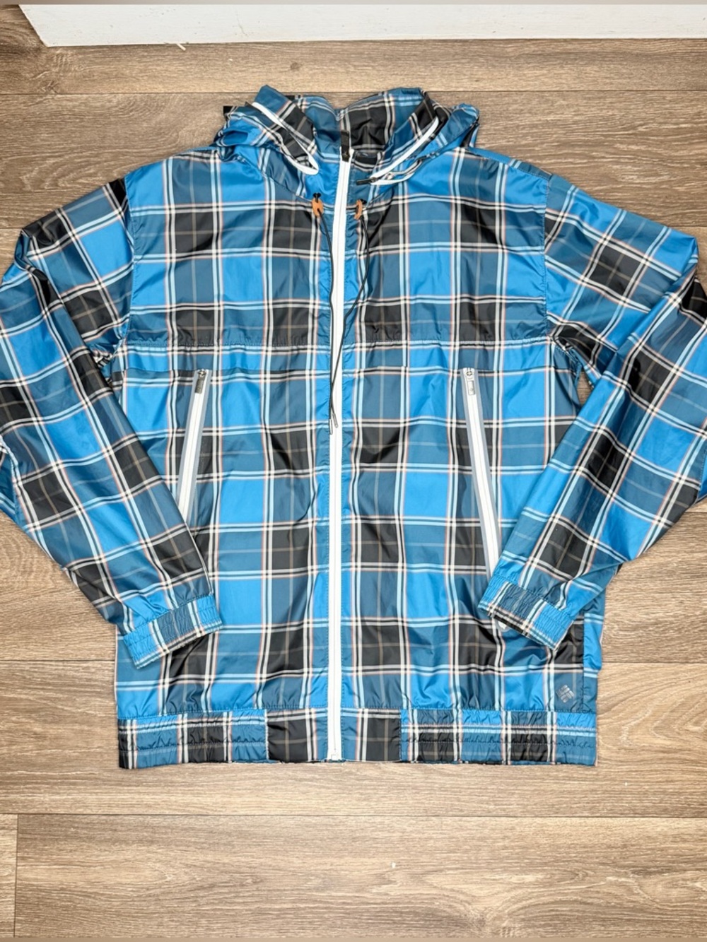 COLUMBIA Omni Shield Mens Plaid Sz Large Windbreaker Full Zip Hooded Jacket